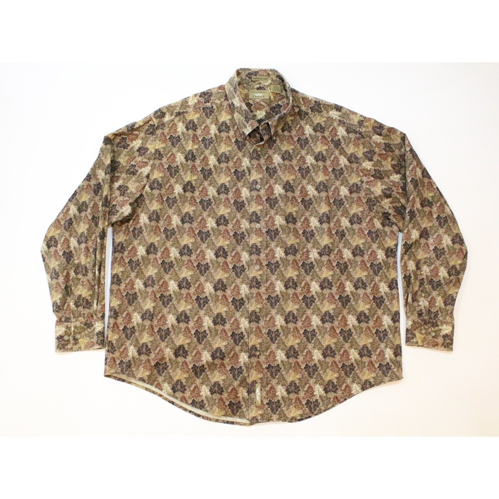 Vintage Natural Issue Wrinkle Free Long Sleeve Button Down Leaf Pattern Size XL